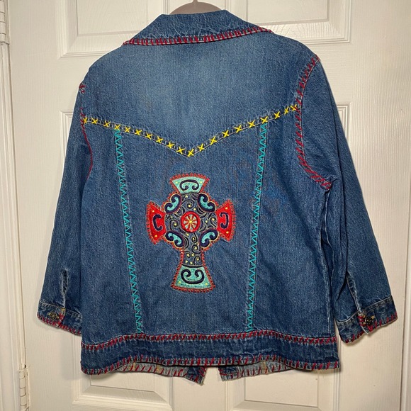 Cattlelac Ranch Denim Jacket L Embroidered Celtic Cross Whipstitch Western Boho - Picture 5 of 10